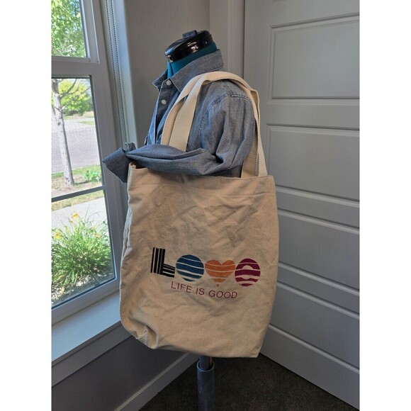 Life Is Good Handbags - LIFE IS GOOD LOVE BEIGE COTTON CANVAS TOTE BAG LOVE GRAPHIC UNISEX OS REUSABLE